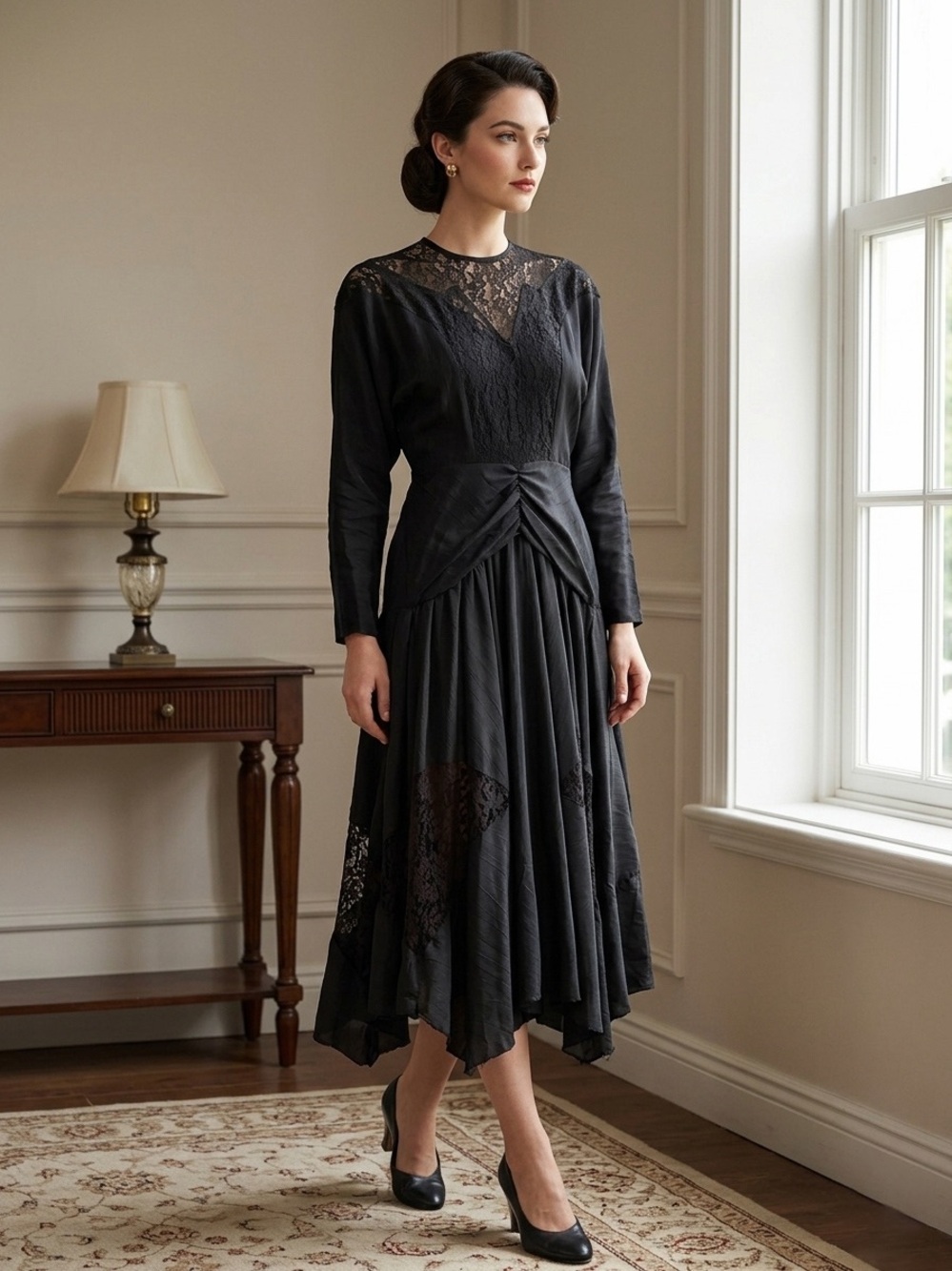 Vintage Elegant Black Lace Midi Dress- size Medium